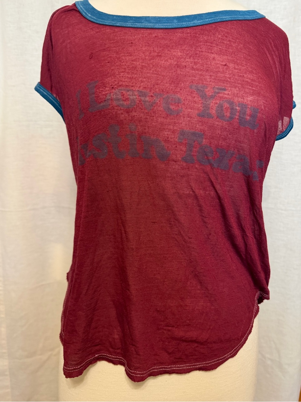 FP Women's Maroon Crewneck Tee with Blue Trim, small
